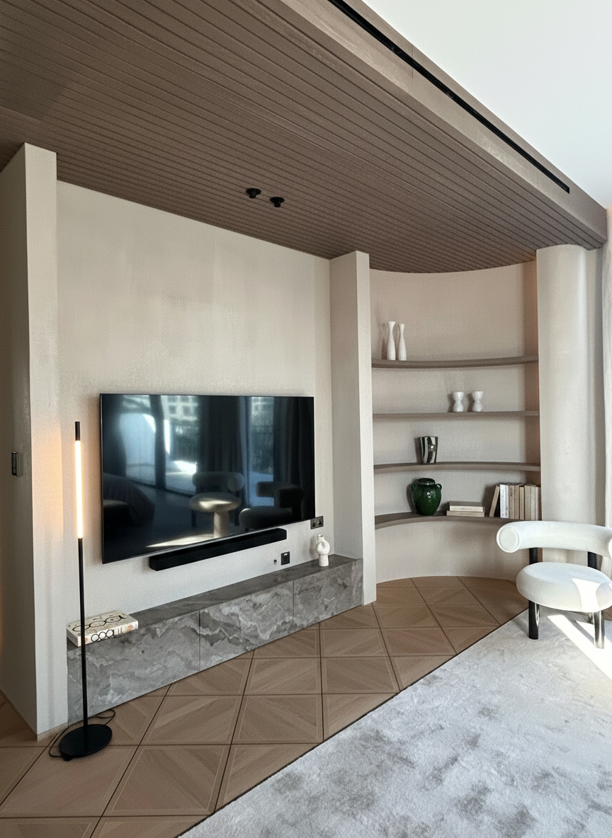 Living room with a slatted wood ceiling and curved feature shelving by Mistry Interiors