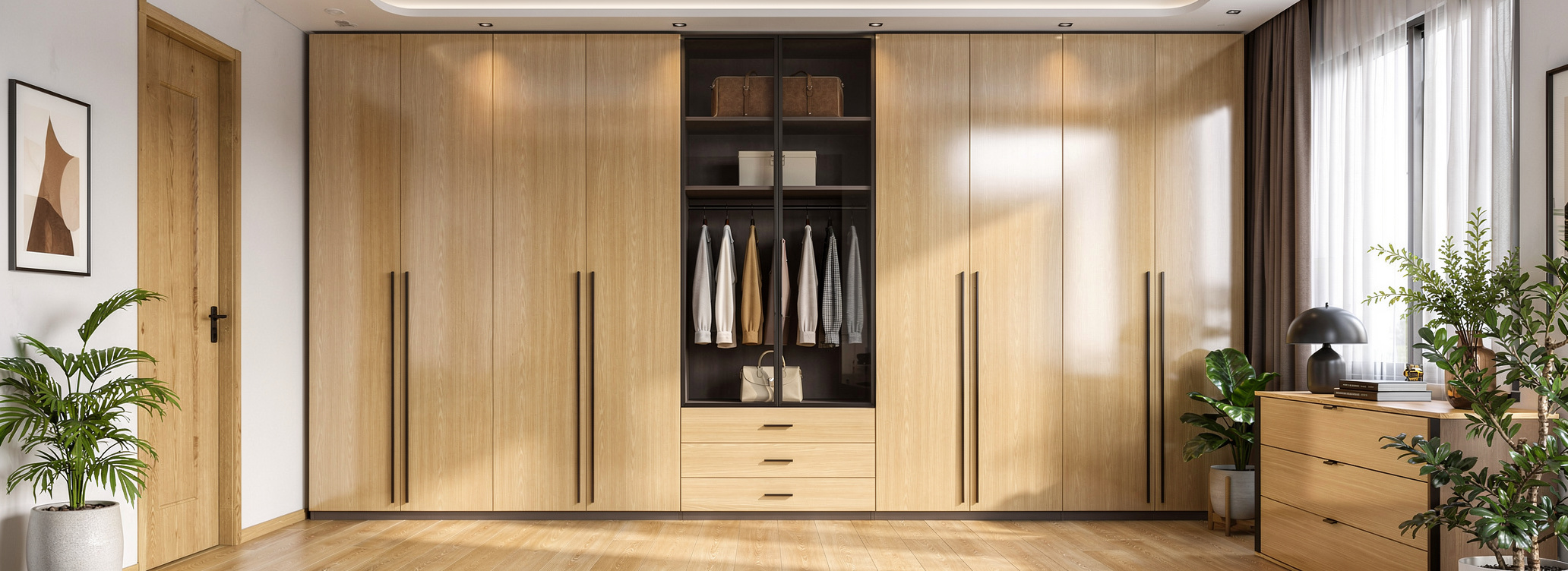Fitted walk-in wardrobe with display cabinetry by Mistry Interiors