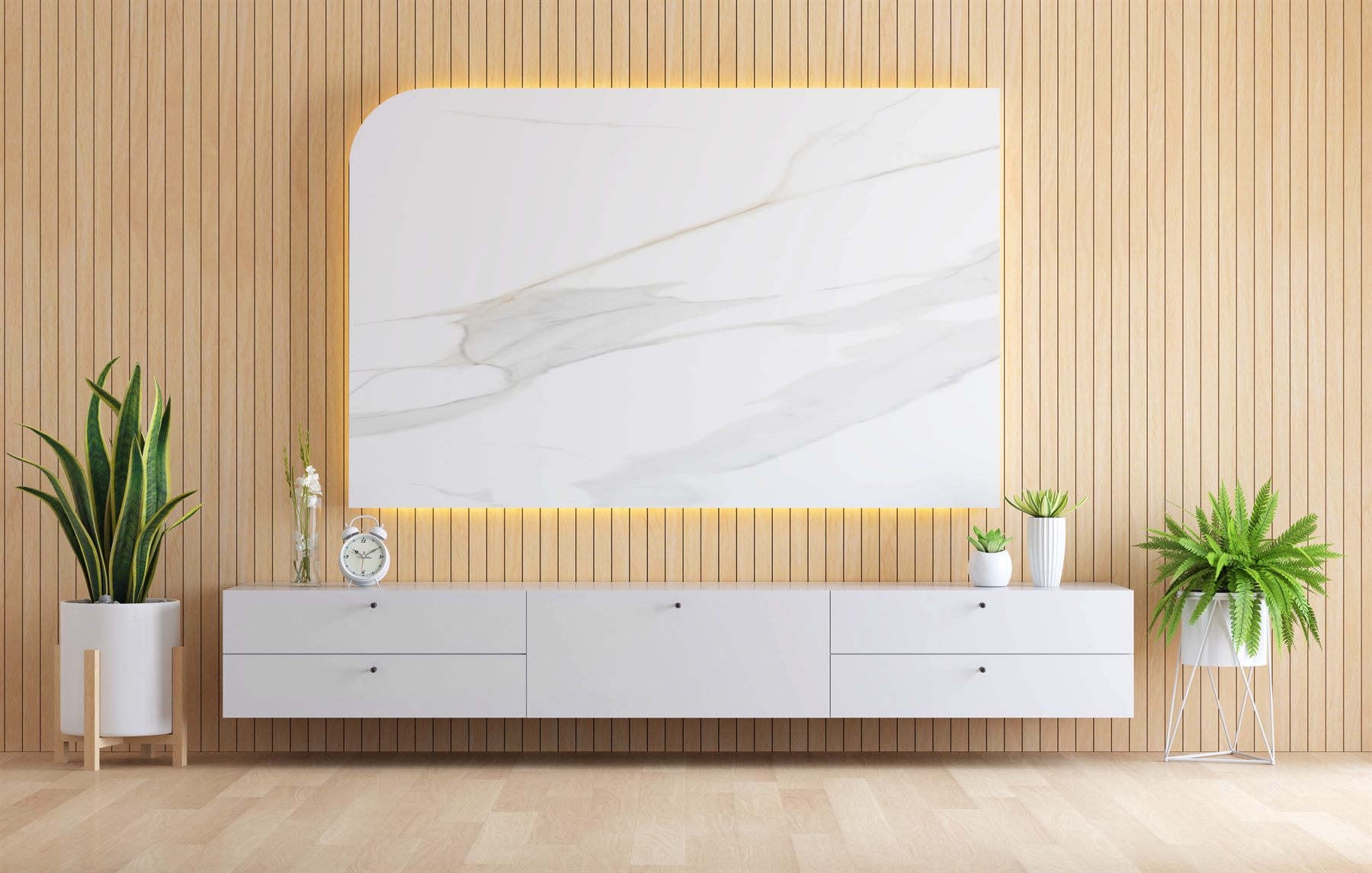 A backlit marble feature wall framed by cedar slat panelling, with a floating console — bespoke interior fit-out by Mistry Interiors, Dubai