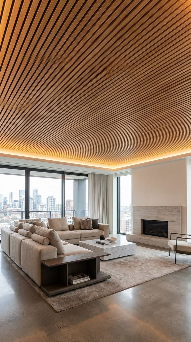 Luxury living room with a slatted cedar wood ceiling and cove lighting by Mistry Interiors