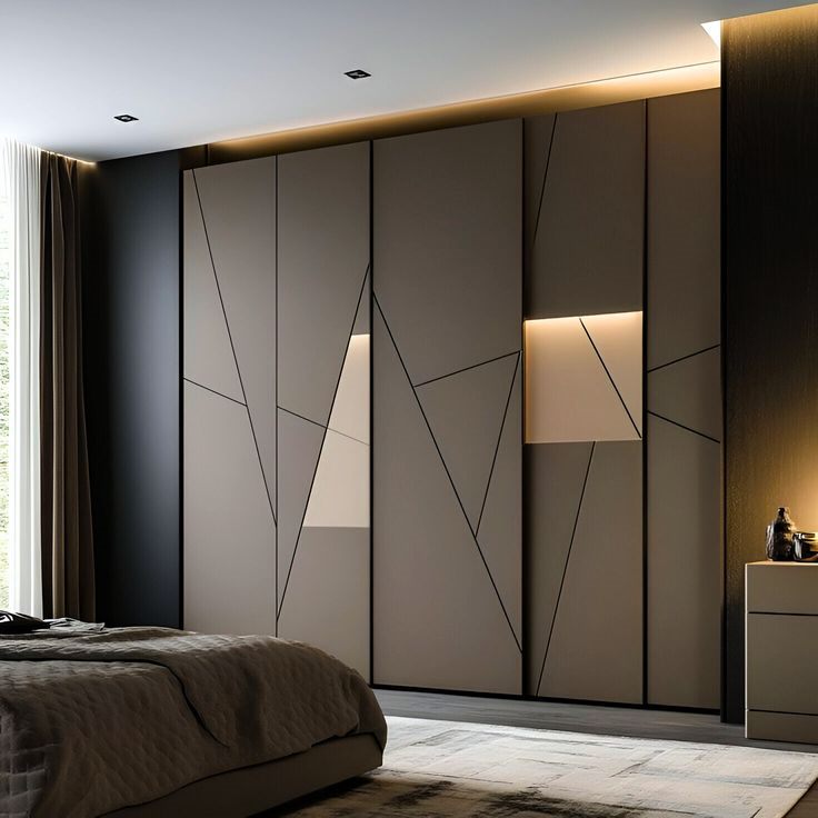 Modern luxury bedroom wardrobe with geometric panel doors by Mistry Interiors